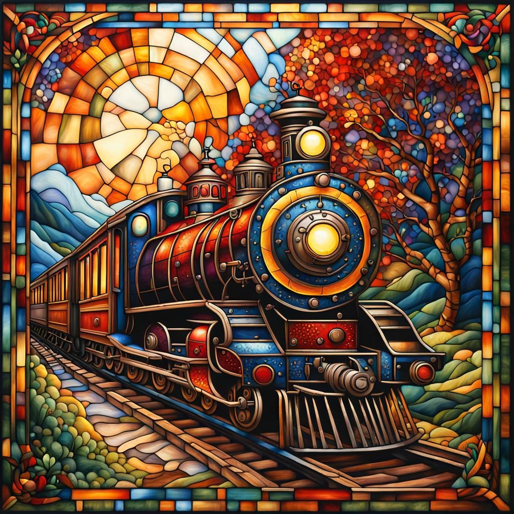 Stained Glass Train in Scratchy Oil Painting Style