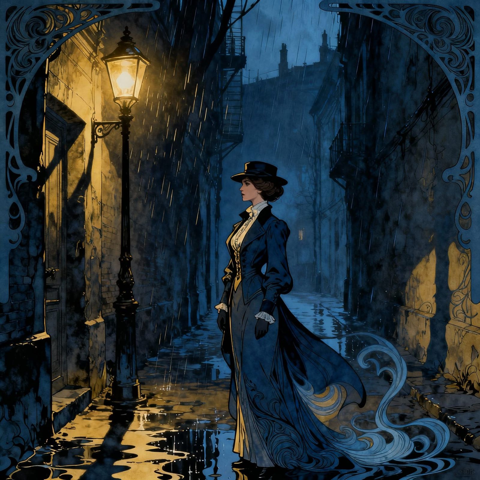 Hauntingly Beautiful Detective in Moody Alleyway Art Nouveau...