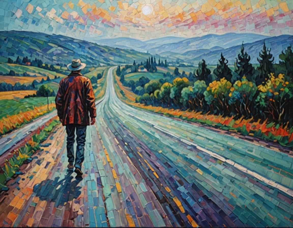 Man Strolls a Long Highway in Expressionist Neo-Impressionis...