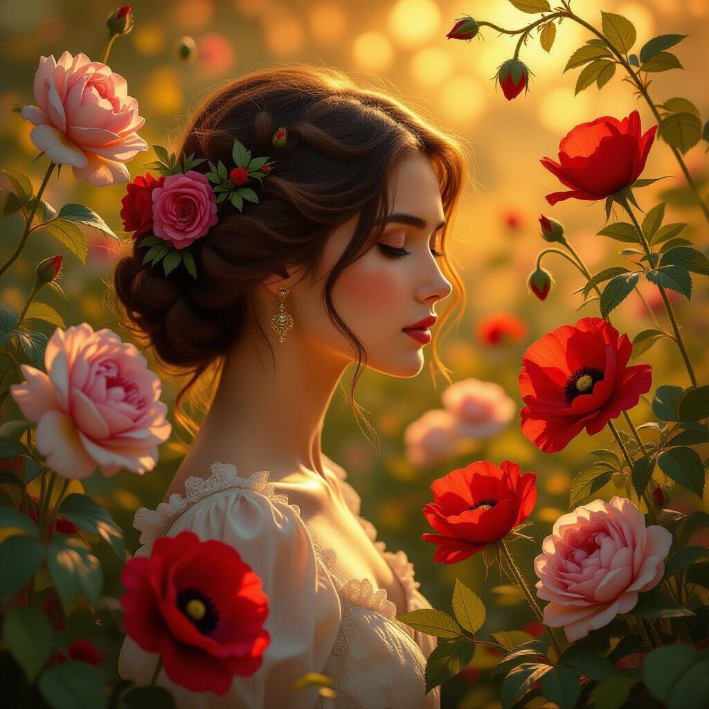 Oil painting in the style of 19th-century romanticism. A wom...