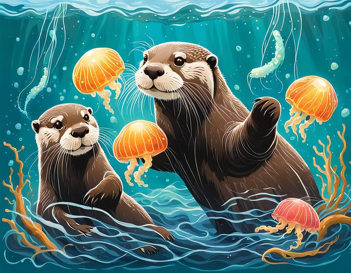 Playful Otter Family in Scotland with Jellyfish