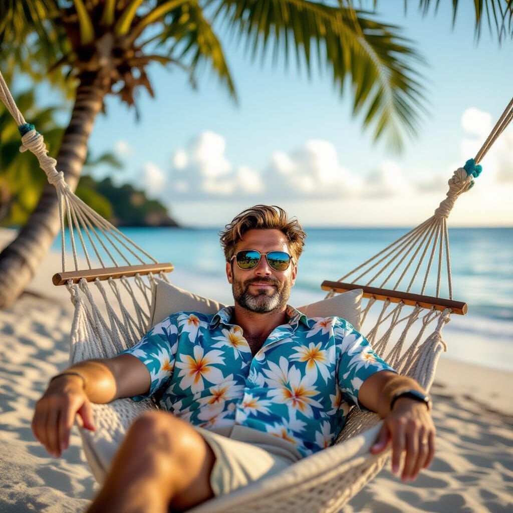 Man in Hammock on Caribbean Beach