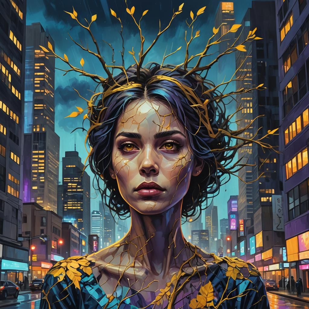 Surreal Urban Portrait with Branches, Digital Painting