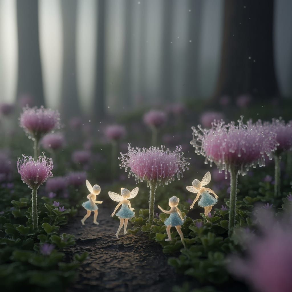 Magical Sprites Tending Glowing Flowers in Misty Forest