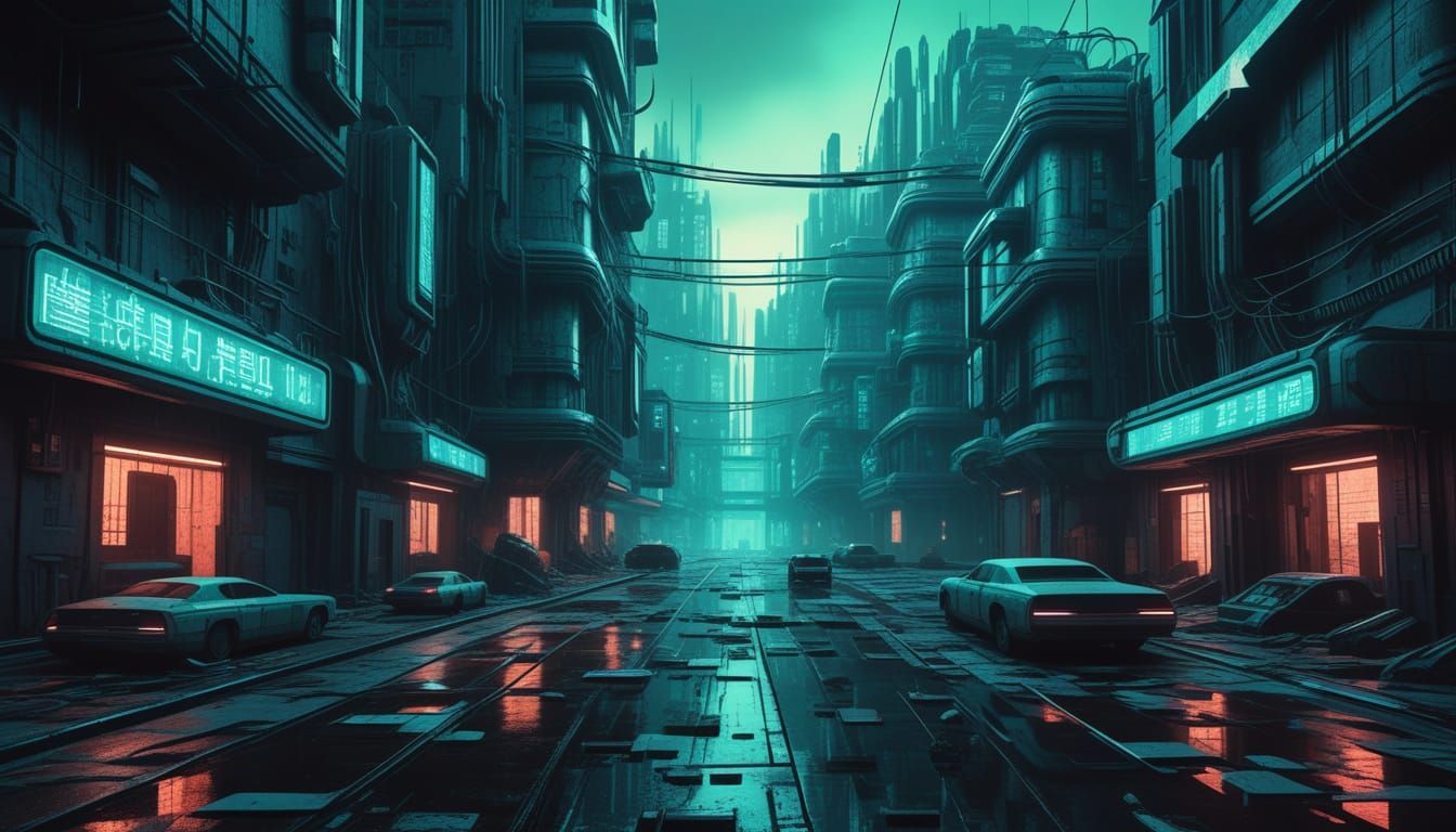 Dystopian Android Cityscape in Retro-Futuristic Style
