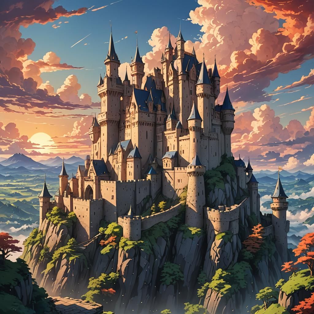 Anime Castle Floating in Sunset Sky, Studio Trigger Style