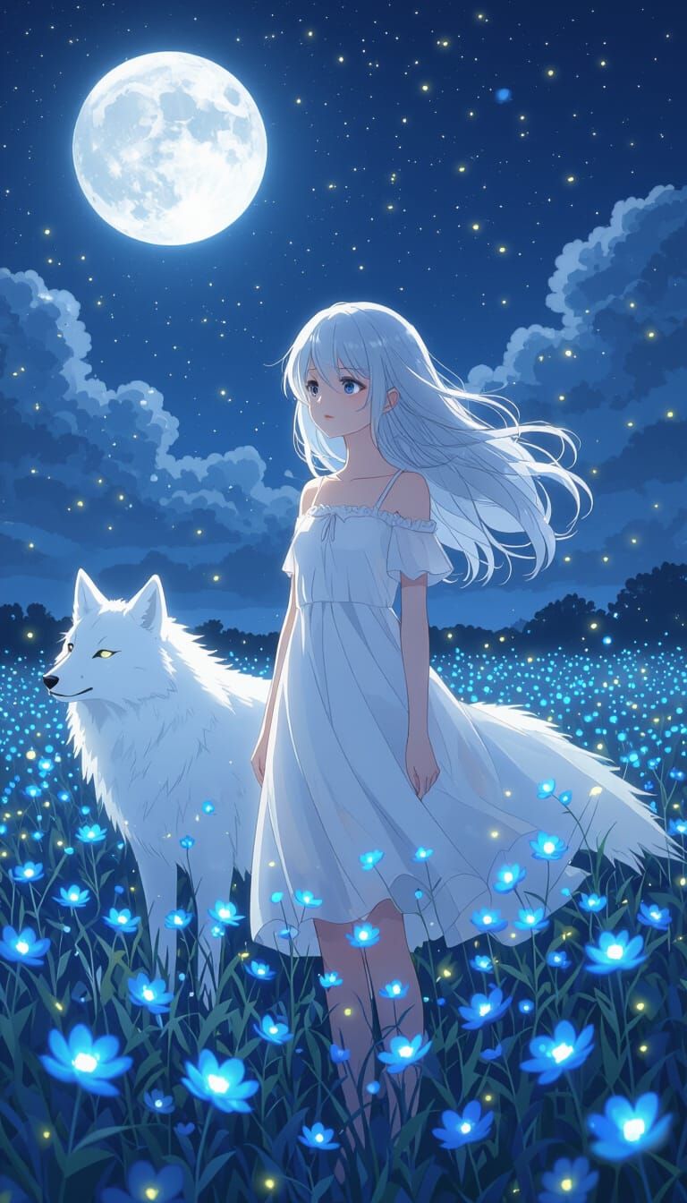 Melancholic Anime Girl in Moonlight with Wolf