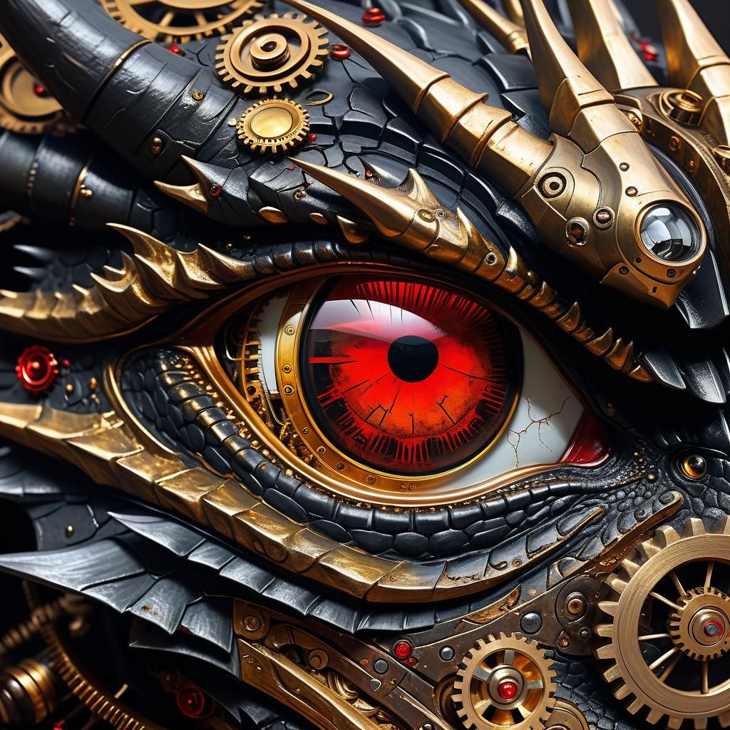 Steampunk Dragon Eye Close-Up: Mechanical Oil Painting
