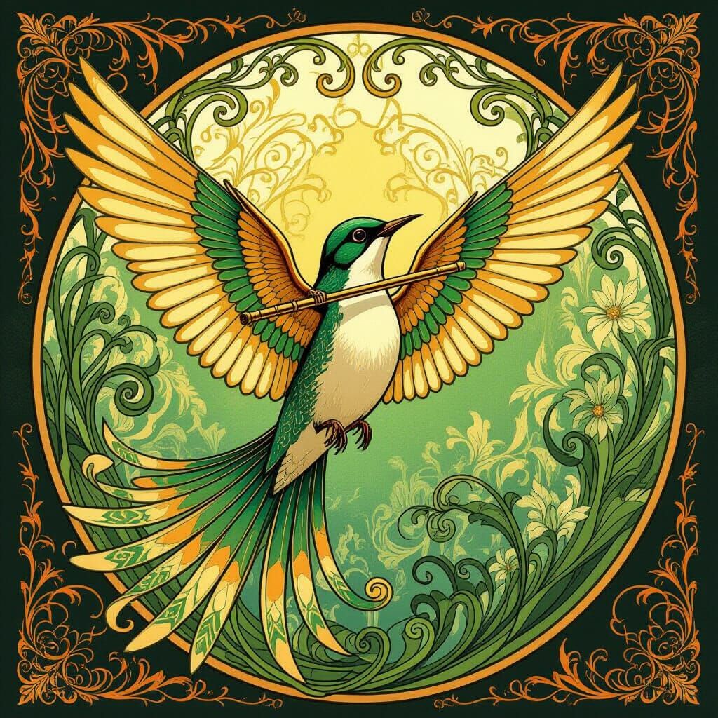 Art Nouveau Songbird Plays Flute in Golden Light