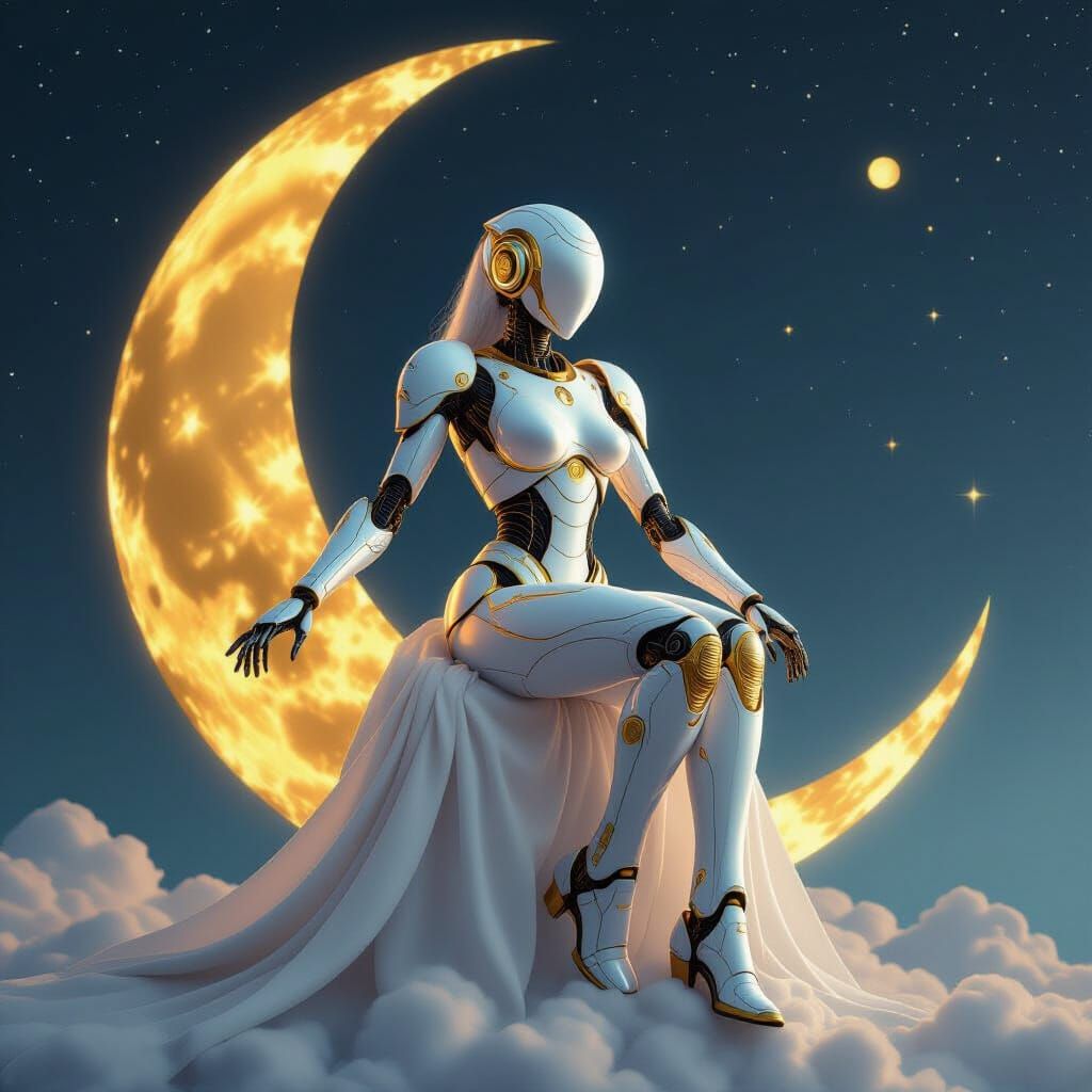 Robot Woman Lands on Golden Moon