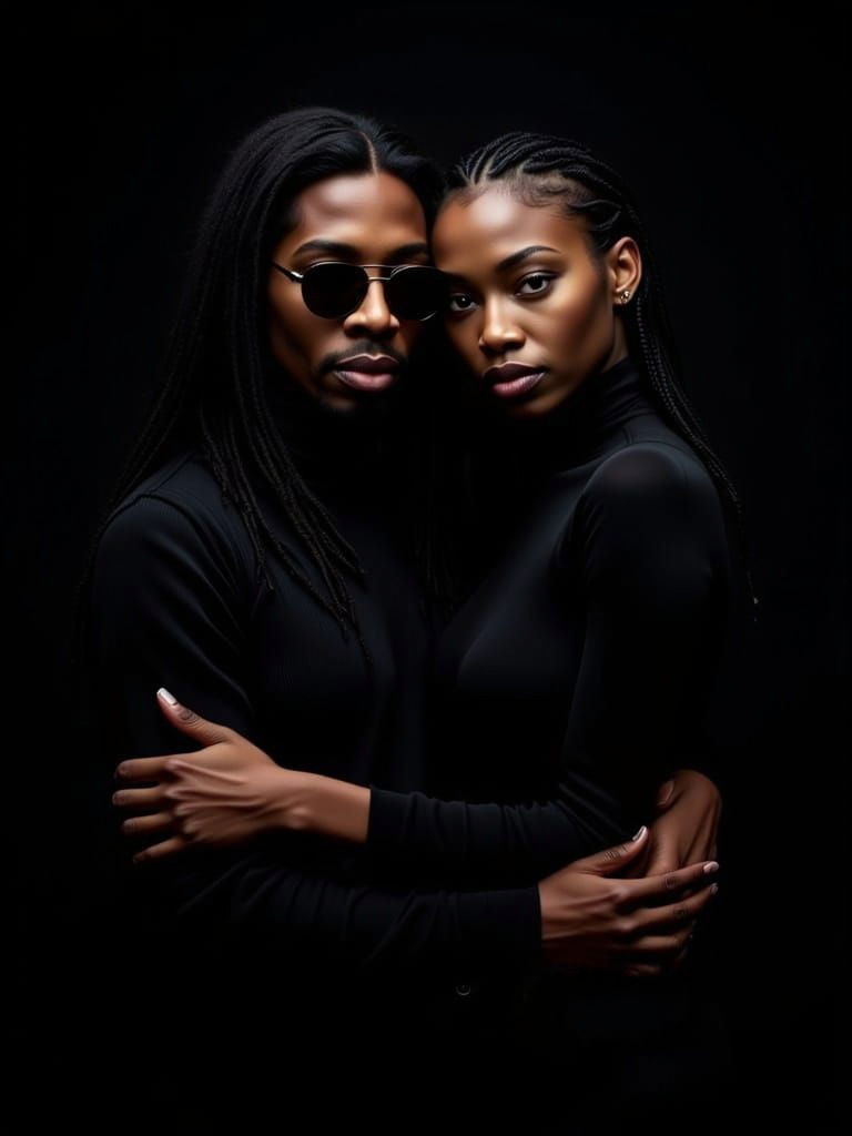 Intimate Black Couple Embracing in Darkness