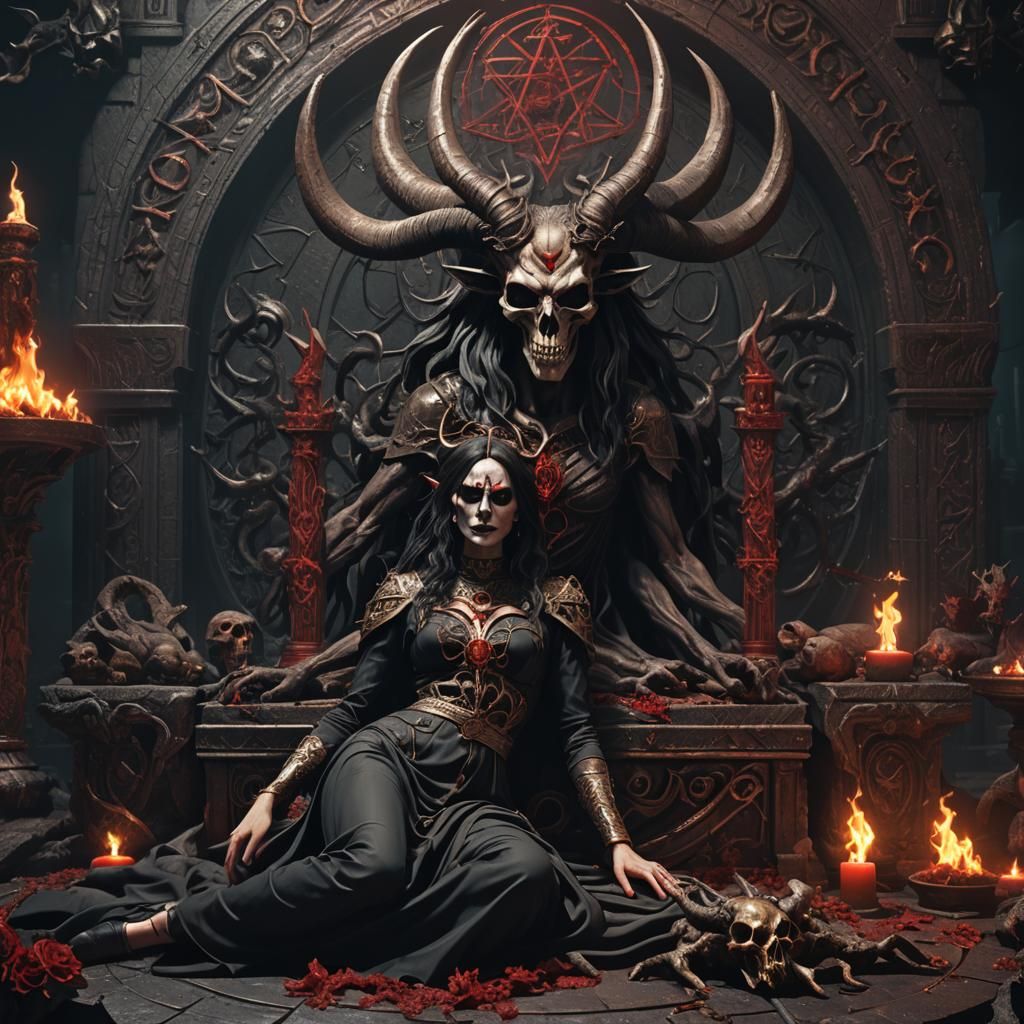 Death Metal Woman on Satanic Altar: Detailed Matte Painting