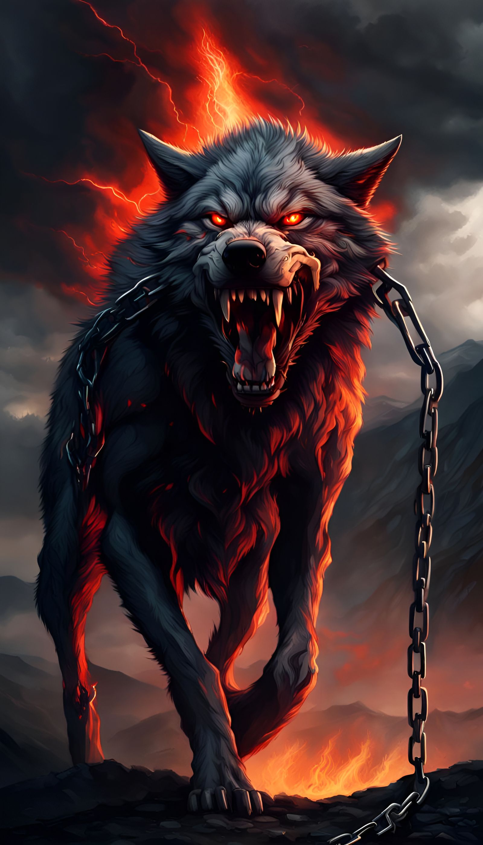 Fenrir the Giant Wolf Emerges from Mountains