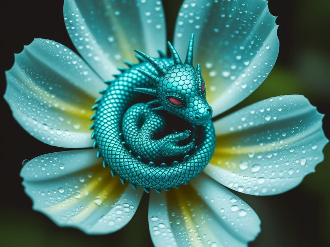 Miniature Dragon Curled in Bioluminescent Cosmos Flower