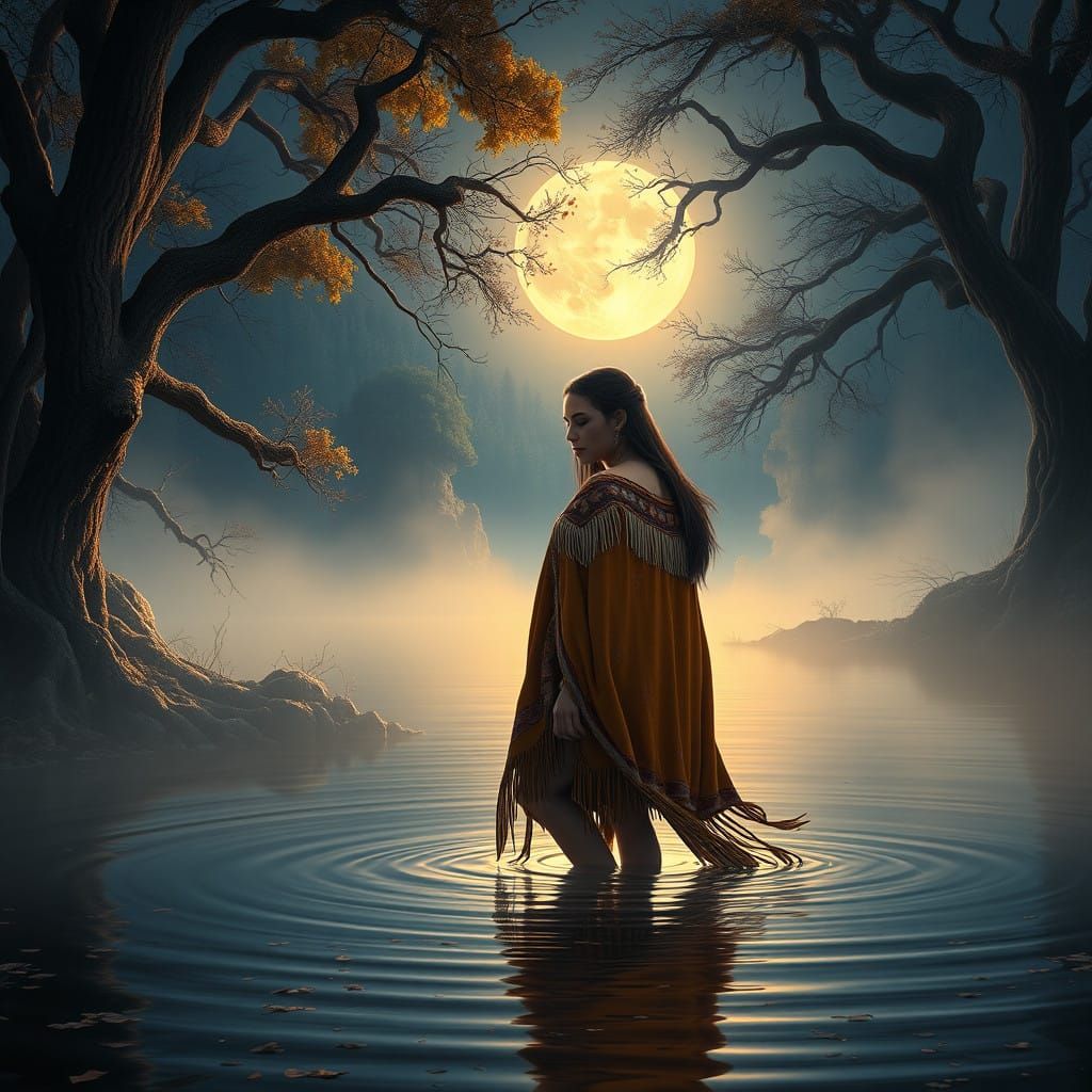 Moonlit Native American Woman in Dreamlike Landscape