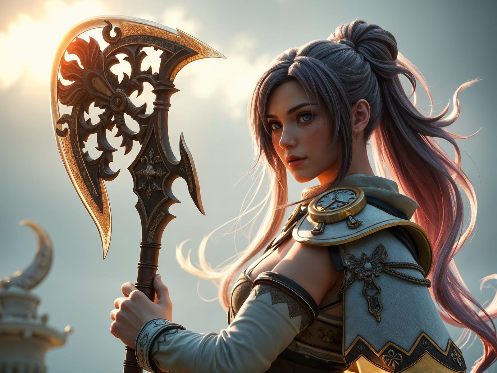 Ethereal Warrior Girl with Battle Axe in Fantasy Style