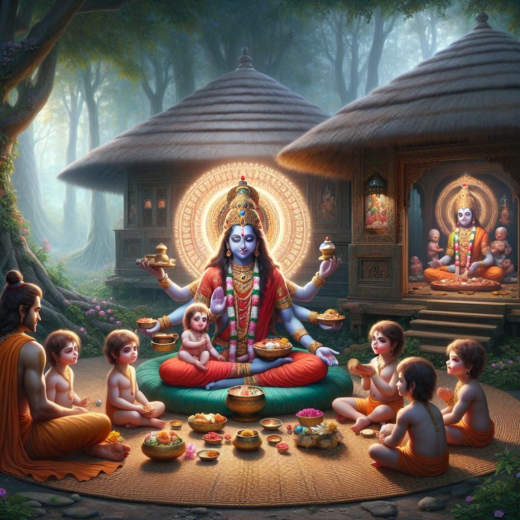 Indian Mythological Painting: Anasuya Serving Divine Childre...