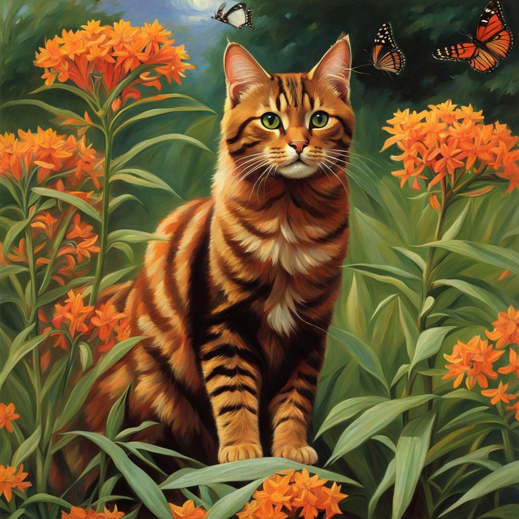 Brown Cat in Butterfly Weed, Anime Style