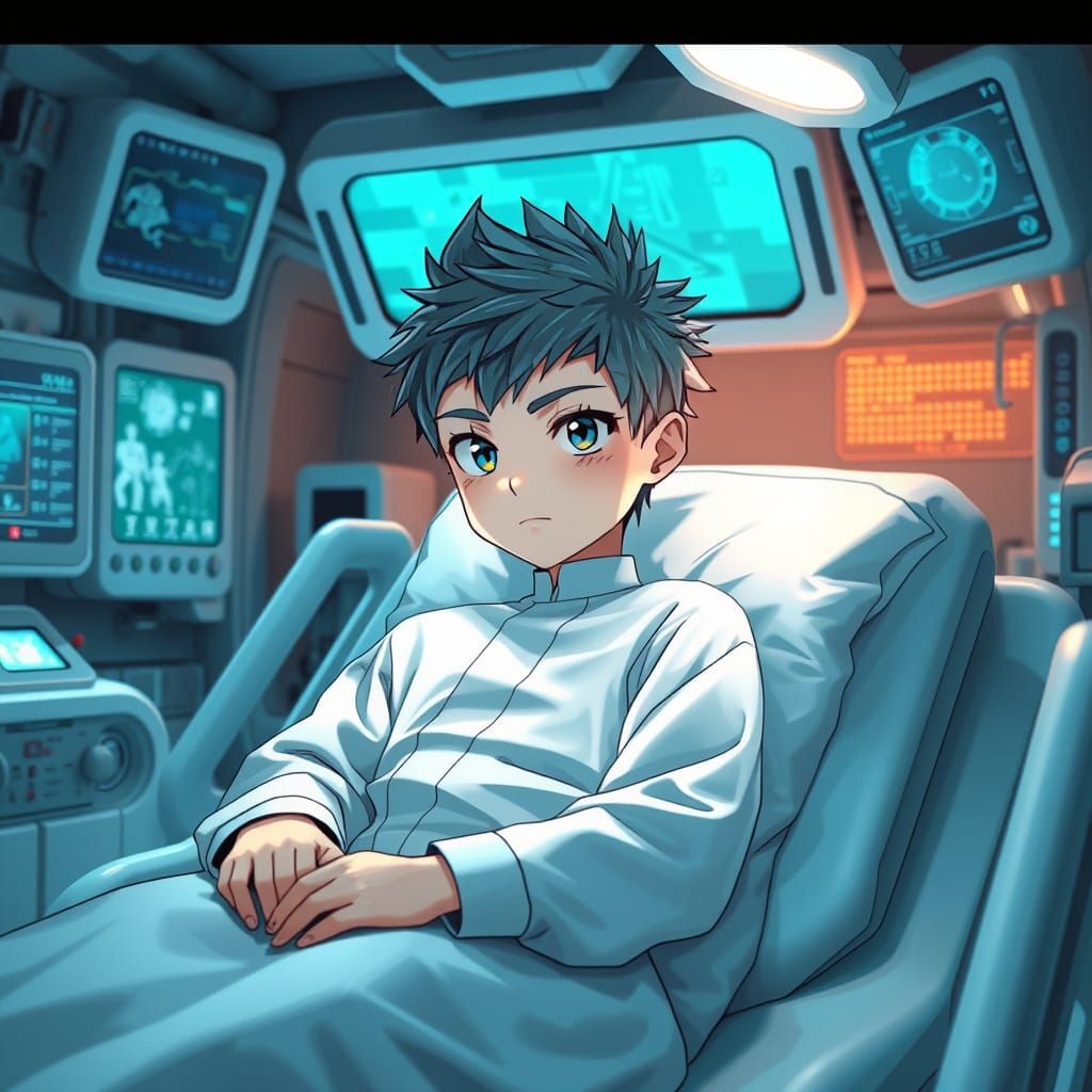 Young Boy in Futuristic Hospital, Anime-Style Concept Art