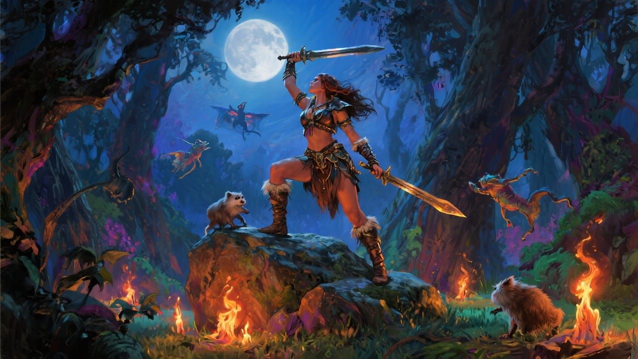 Barbarian Warrior in Enchanted Forest, Sword and Sorcery Art