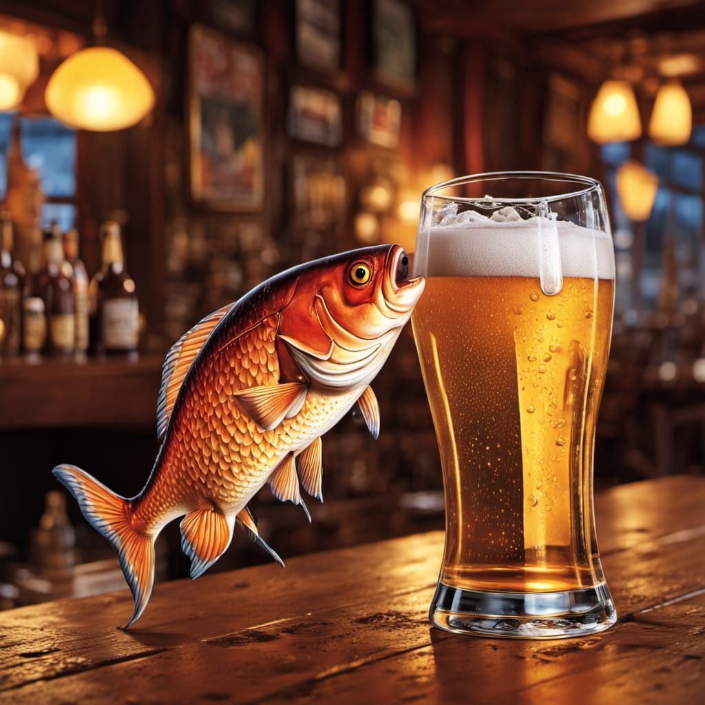 Fish Having a Beer in a Cozy Pub in Cartoon Style