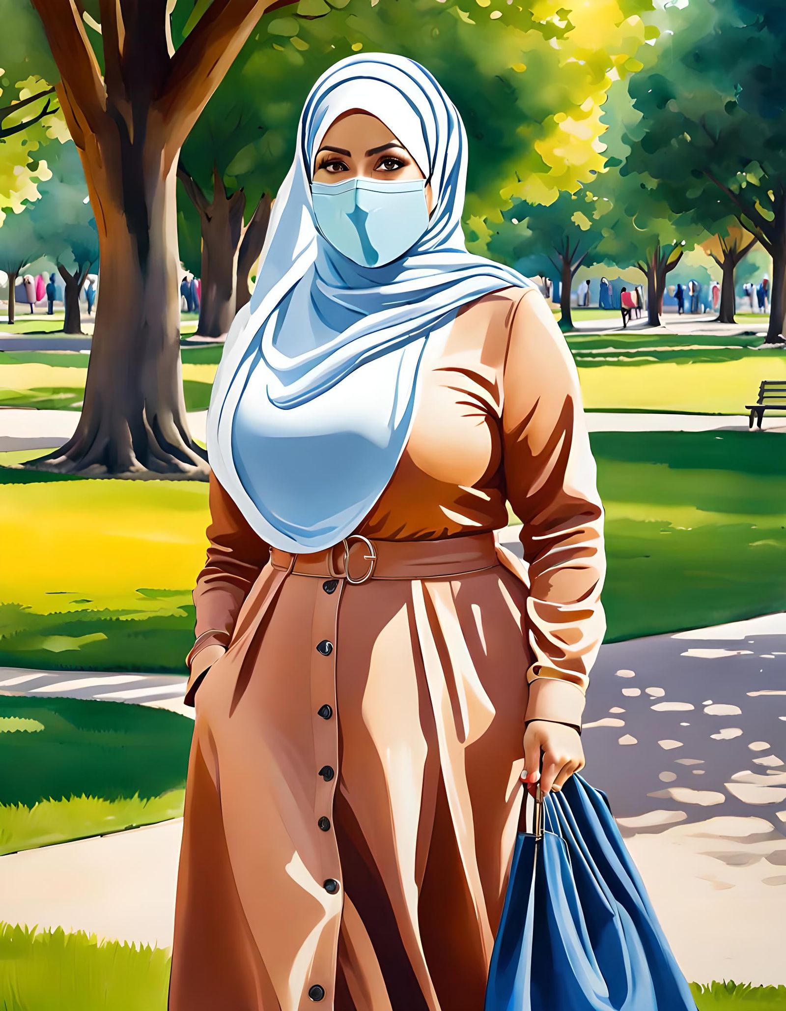 Watercolor Portrait of a Charming Woman in Park