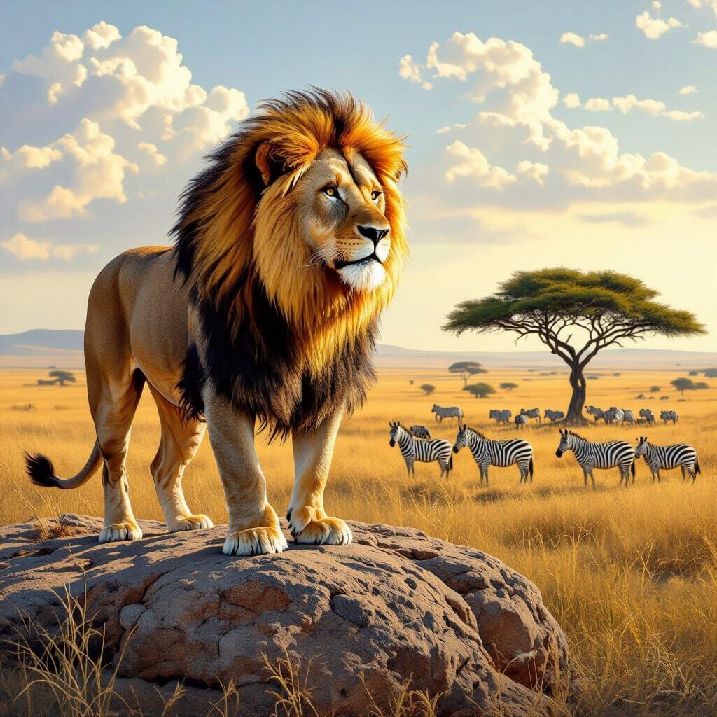 Lion Overlooking the Savanna in Wildlife Art Style