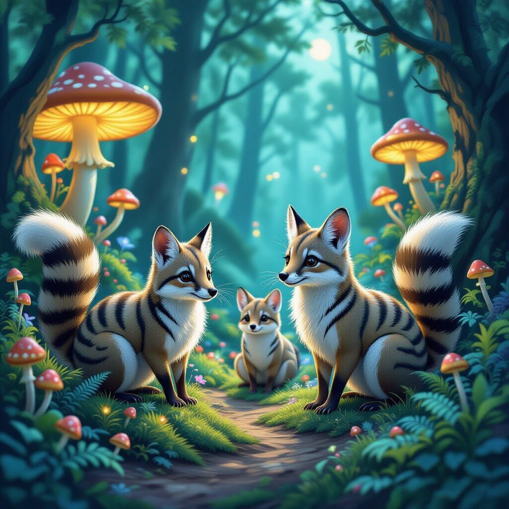 Thylacines in Enchanted Forest with Bioluminescent Flora