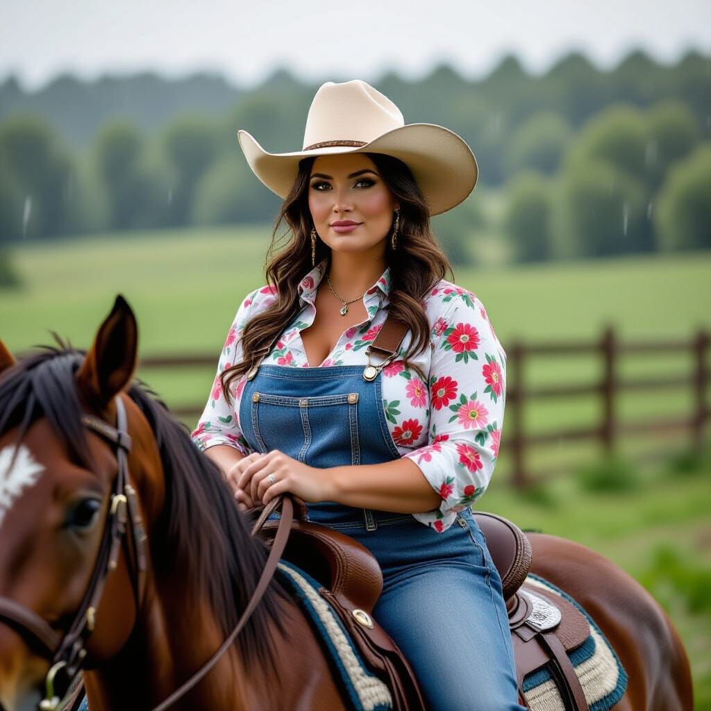 BBW Cowgirl in Serene Farm Landscape, Cinematic Style