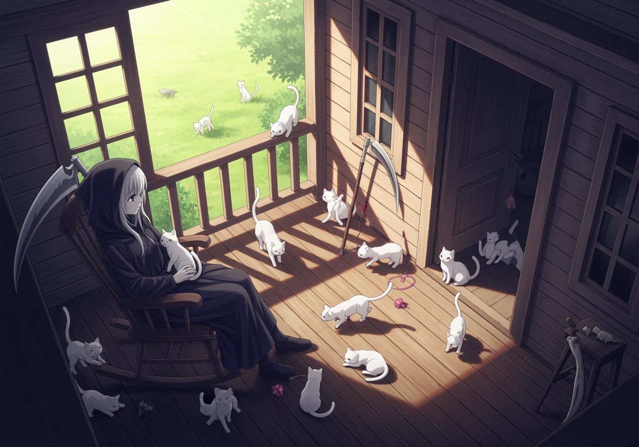 Anime Grim Reaper with Cats in Ethereal Setting