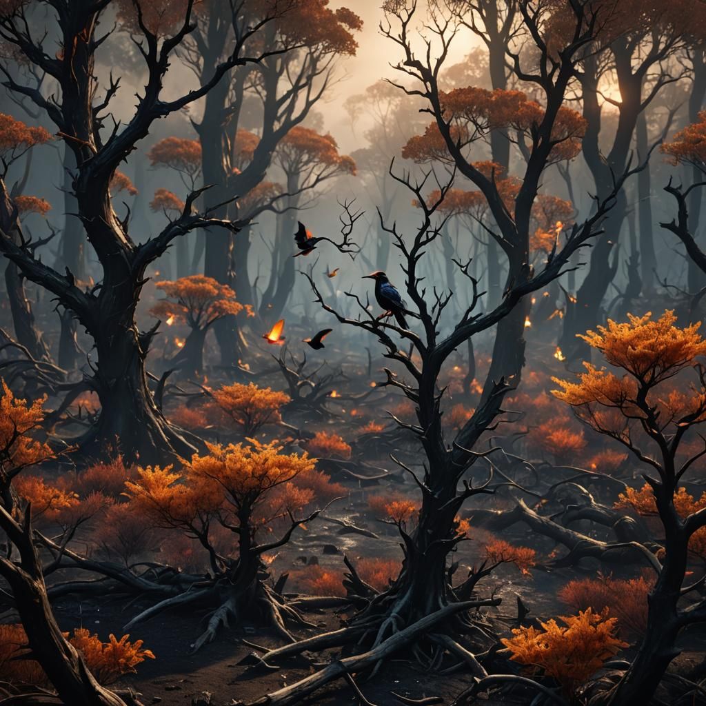 Magical Birds in a Scorched Forest: Digital Art