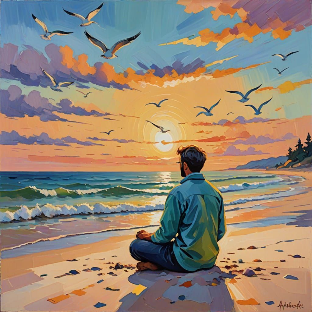 Soothing Sunset on a Serene Beach in Fauvist Oil Painting St...