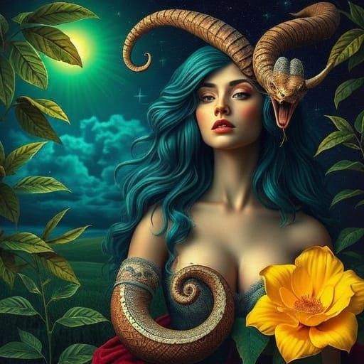 Surreal Woman with Chimera and Bioluminescent Flora