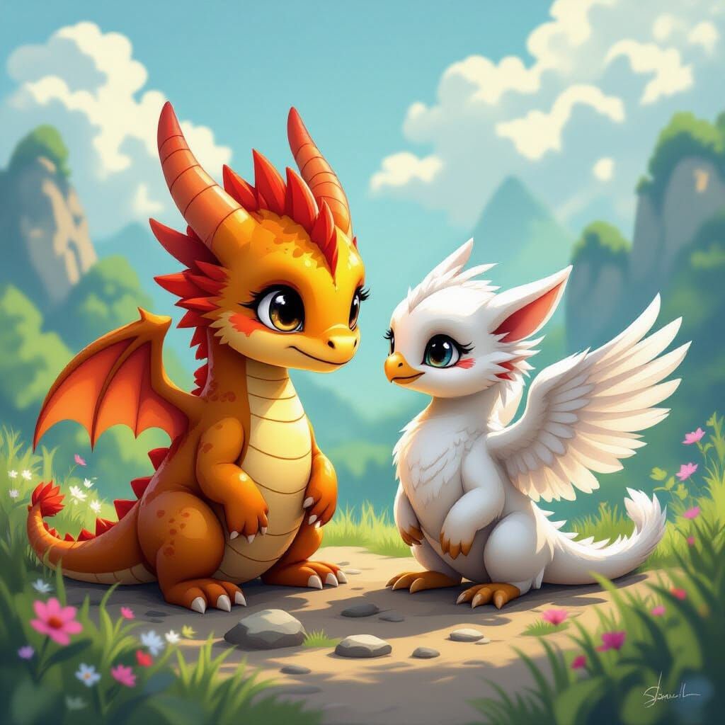 Baby Dragon and Griffin in Whimsical Landscape