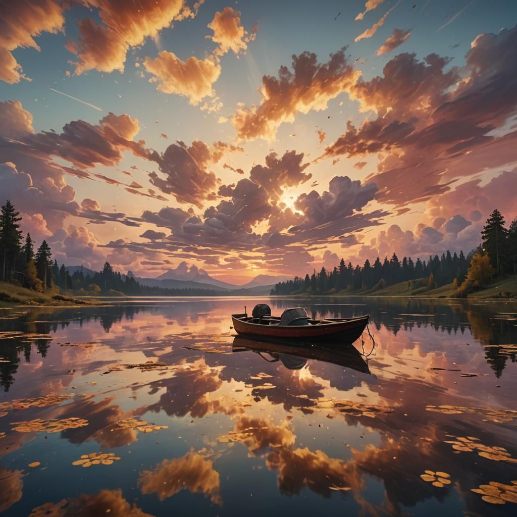 Lake Sunset Boat Ride in Dreamlike Style