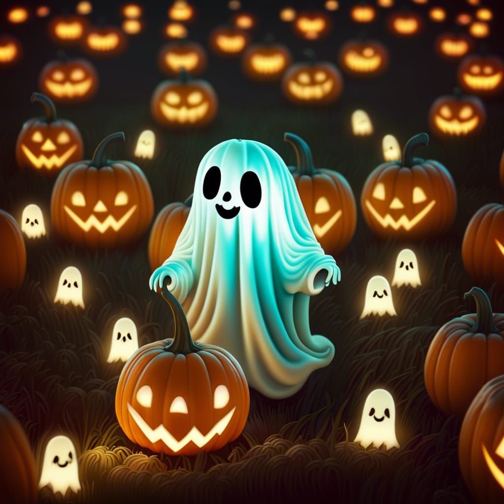 Adorable Ghost Trick-or-Treating in Pumpkin Field