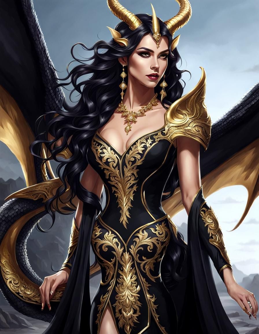 Elegant Dragon-Woman in Gown with Wings