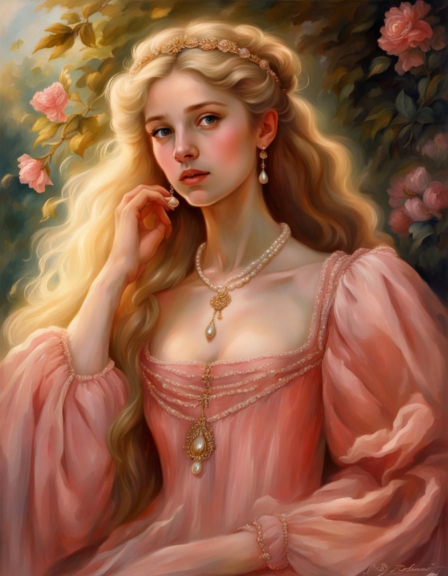 Renaissance Girl with Golden Hair in Garden