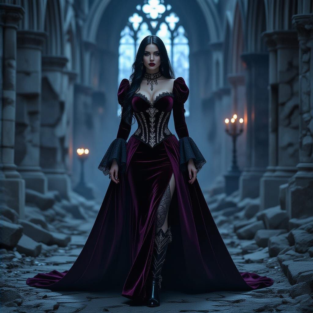 Gothic Vampire Queen in Ruined Cathedral