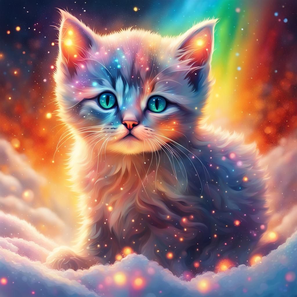 Glowing Fire Kitten in Galactic Rainbow Showers