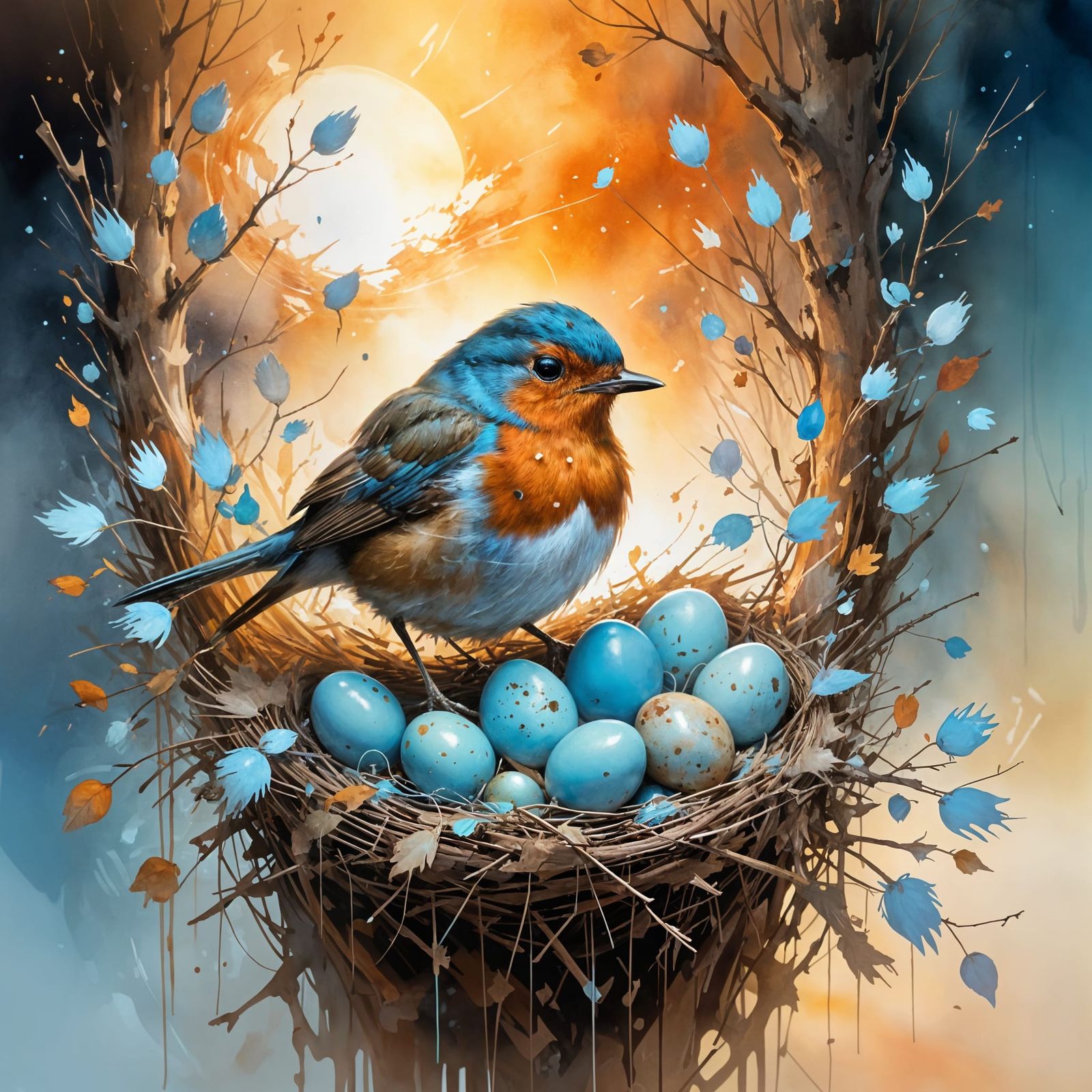 Robin Watching Blue Eggs, Watercolor Sunset Scene