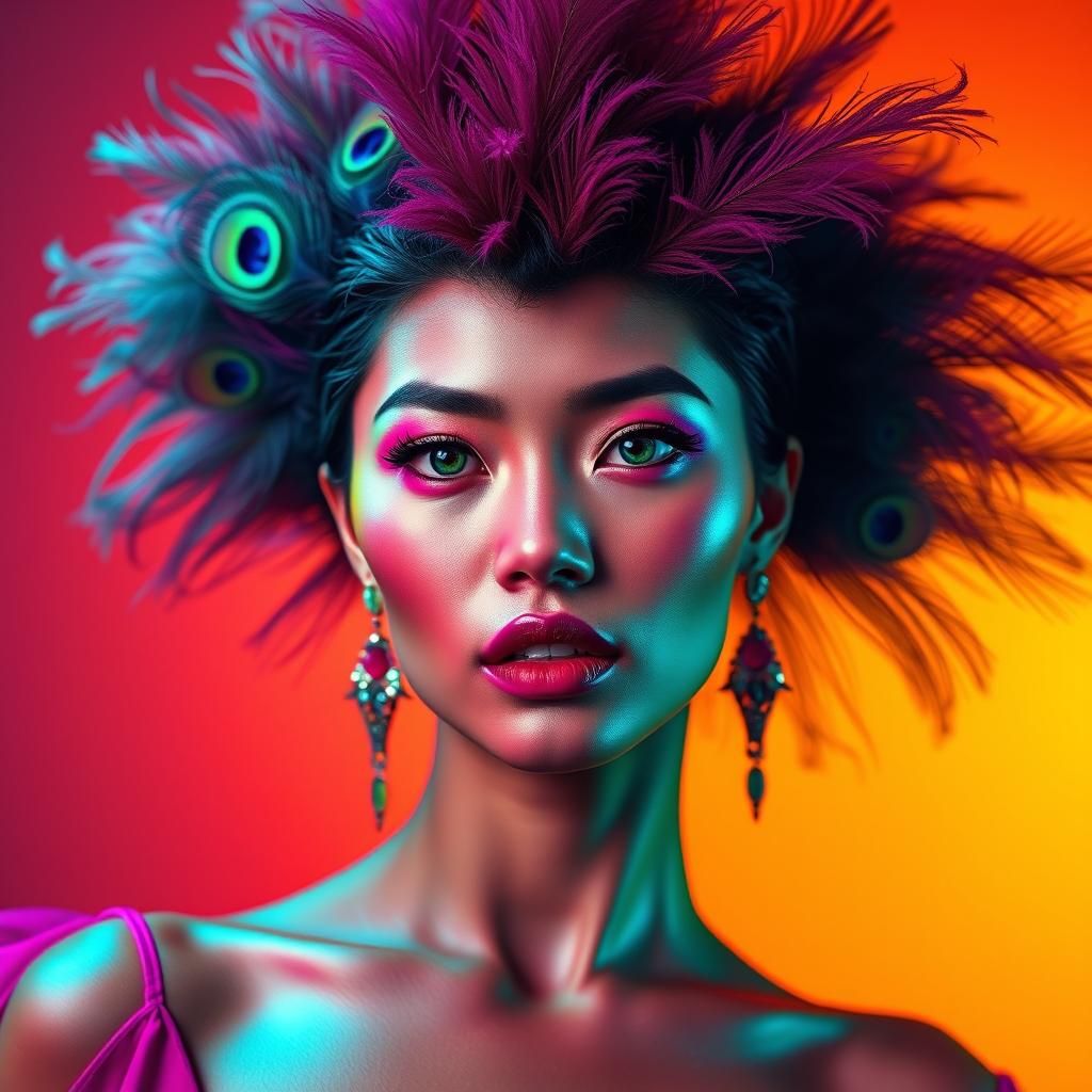 Stunning Woman with Peacock Feathers and Rose Gold Skin