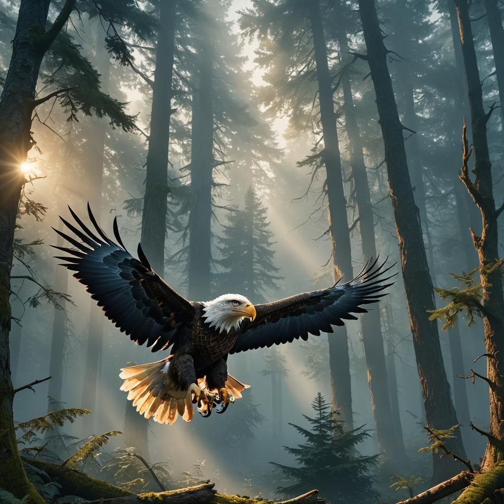 Bald Eagle Hunting in Mystical Forest: Digital Matte Paintin...