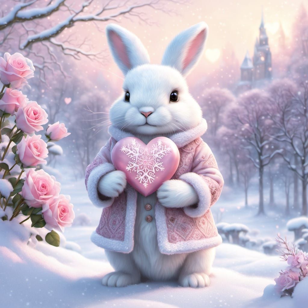 Whimsical Winter Wonderland with Adorable Bunny and Roses