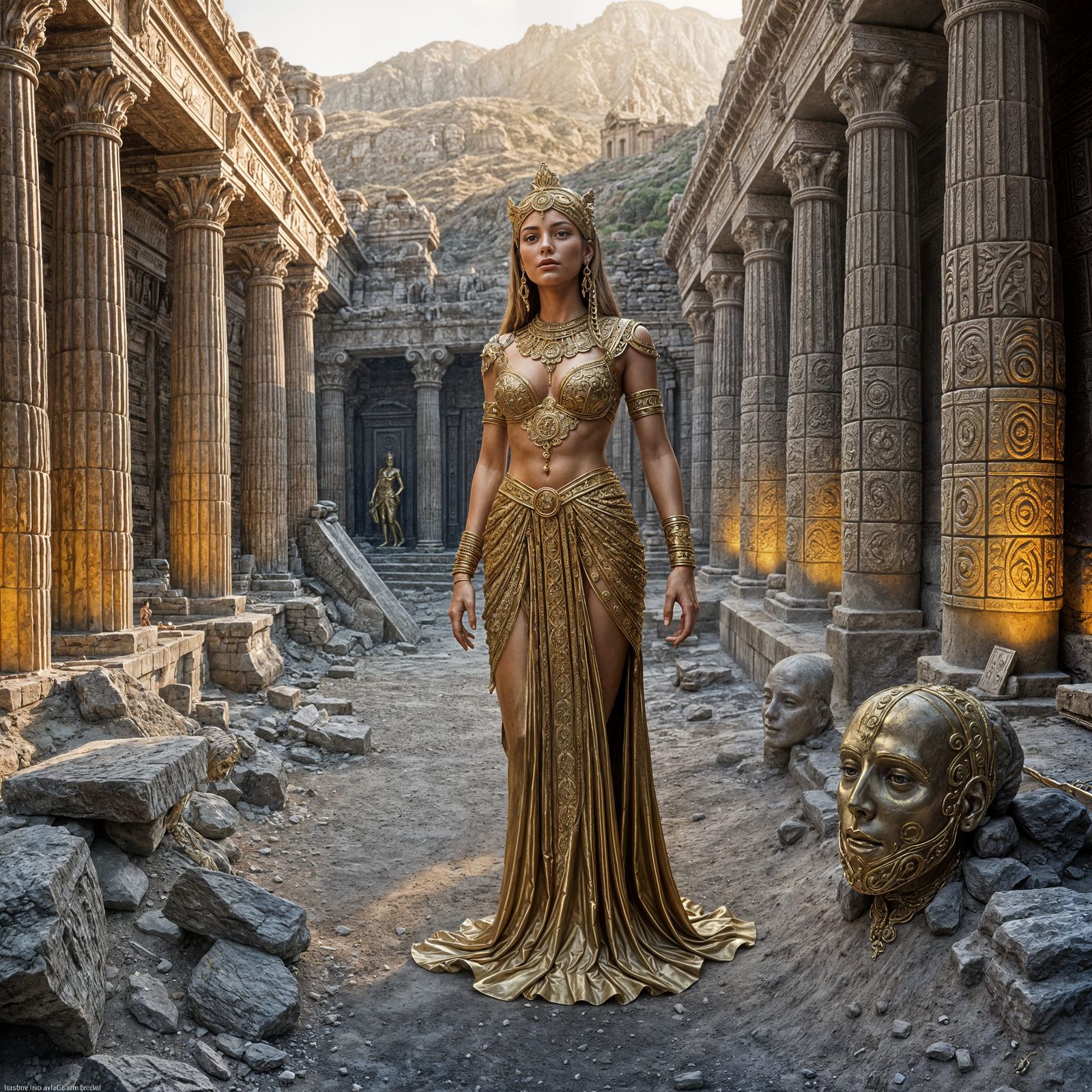 Golden Woman Sculpture in Ancient Excavation