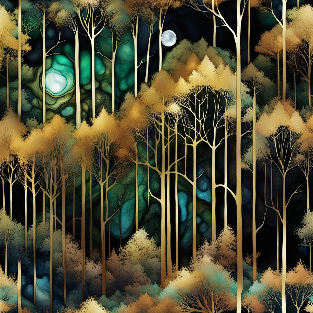 Magical Forest in Moonlight with Gold Ink Lines