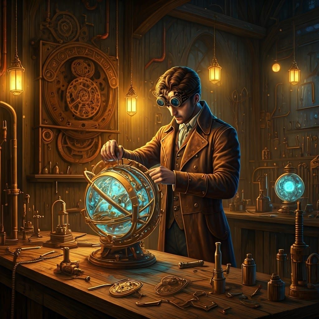 Steampunk Inventor Crafts Fantastical Machine in Gilded Work...