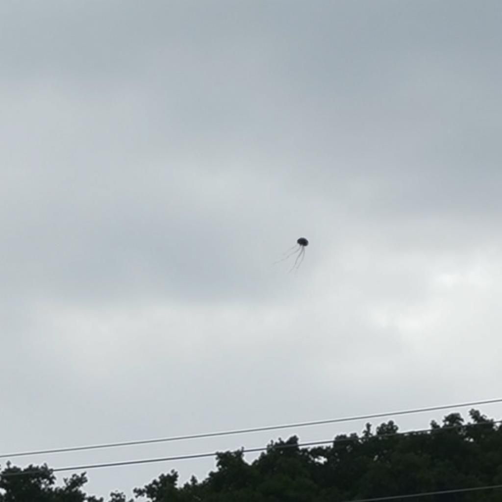 Flying Jellyfish Squid Silhouette in Overcast Sky
