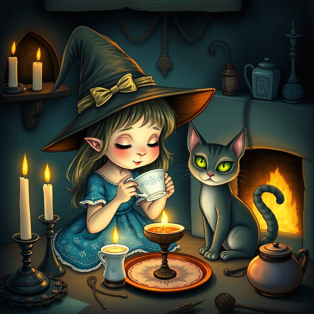 Whimsical Witch Sips Tea with Mischievous Cat in Cozy Cottag...