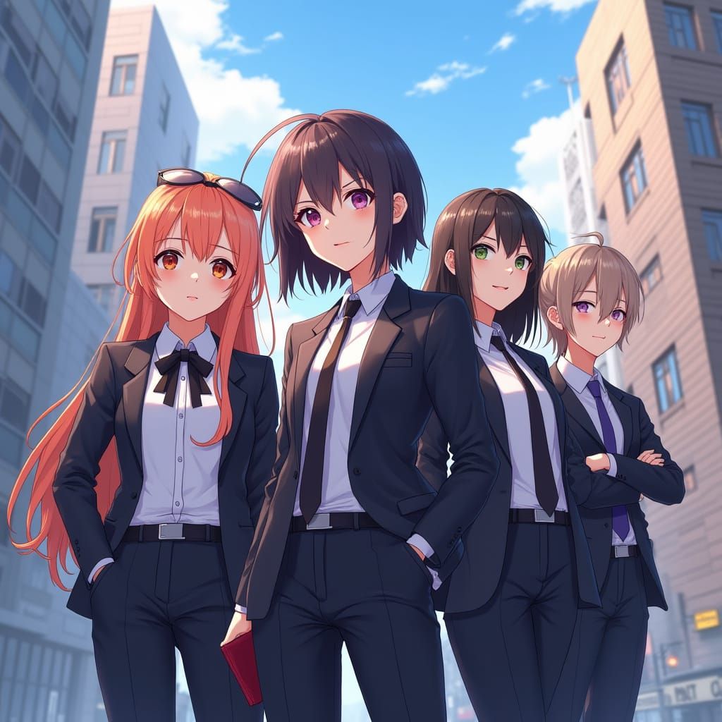 Trendy Professionals in Anime-Inspired Cityscape